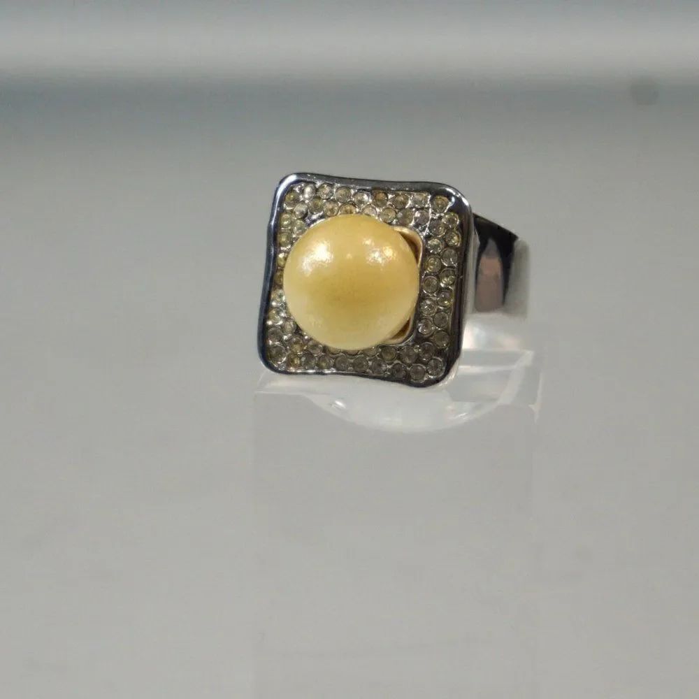 Statement Ring Square Top Size 10 Ring Faux Pearl And Rhinestones Silver Tone
